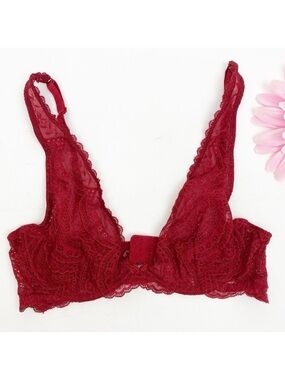 Intimately Free People Deep V Plunge Lace Underwire Bra: Crimson Red Burgundy